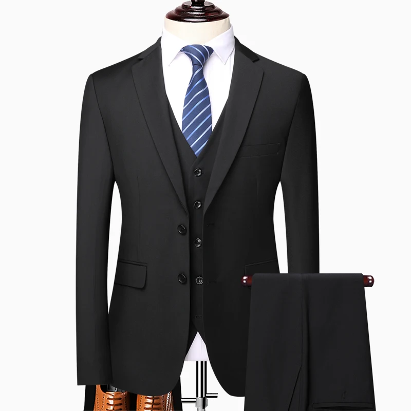 

( Jacket + Vest + Pants ) Brand Boutique Solid Color Men's Formal Business Office Suit Three-piece Suit Groom Wedding Dress