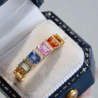 1.59ct Rainbow Sapphire Diamond Ring 18K Solid Yellow Gold (AU750)Women Ins Blogger Popular Fashion Party Fine Jewelry