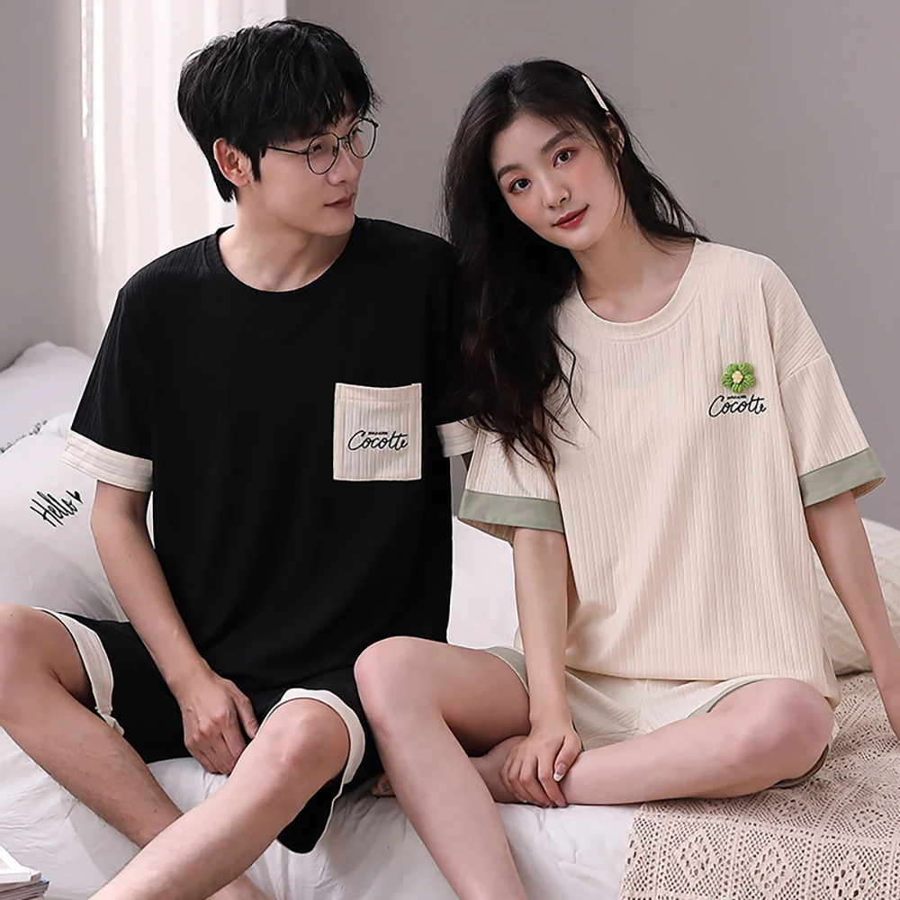Summer Couple Sleepwear Modal Cool Thin Pajama Sets Loose Print Men Short Sleeve Pajama+Elastic Shorts Soft Breathable Pijamas