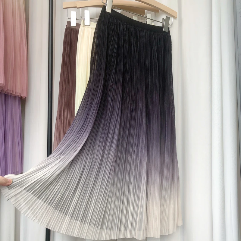

Летняя женская сетчатая юбка, плиссированная юбка градиентного цвета, Повседневная стильная длинная юбка с высокой талией, трапециевидная юбка миди с принтом, модная женская