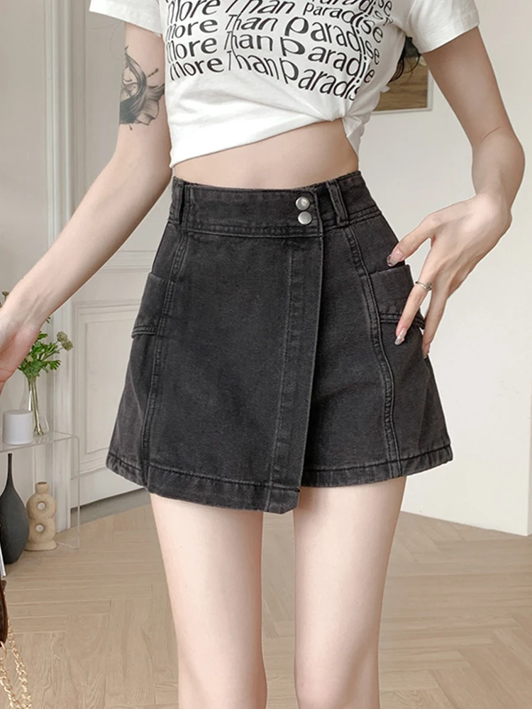 New Spring Summer Women High Waist Asymmetrical Denim Shorts Streetwear Female Pocket A-line Jeans Shorts Bottoms