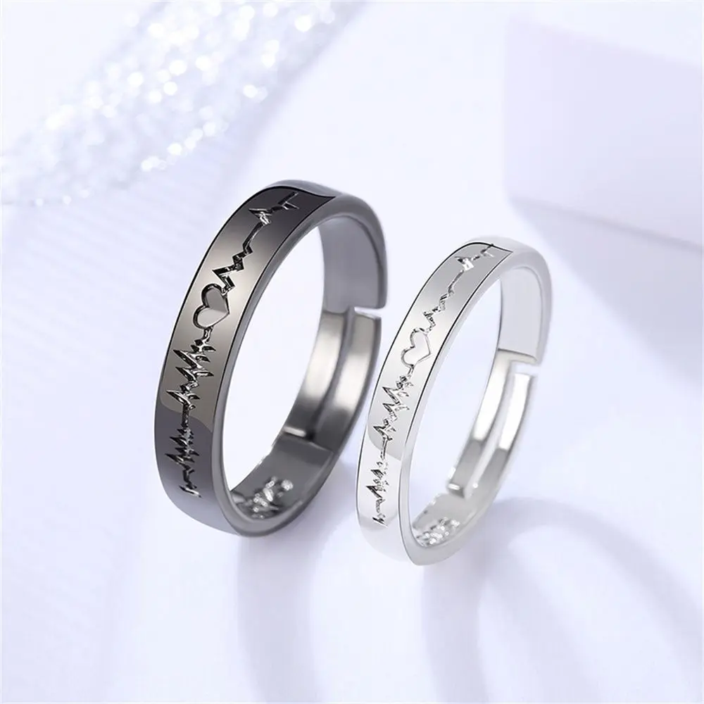 

Adjustable Korean Style Simplicity Birthday Gift Black Silver Color Couple Rings Heart Electrocardiogram Valentine'Day