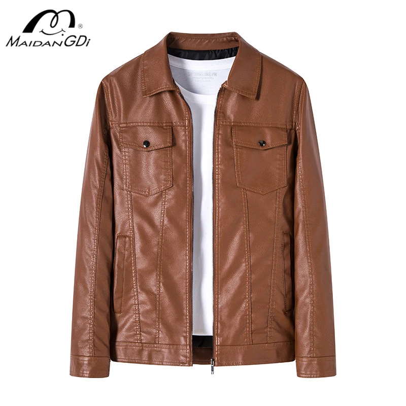 Мужская кожаная куртка MaiDangDi однотонная приталенная мотоциклетная на молнии