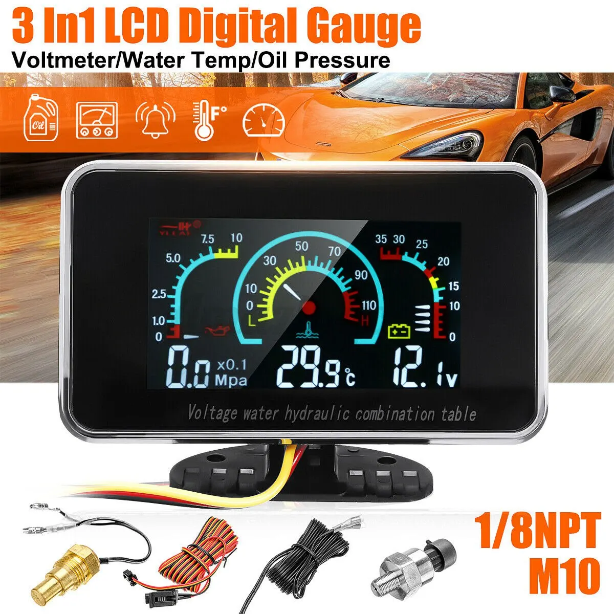 

3 In1 LCD Car Digital Gauge Voltmeter/Oil Pressure/Water Temp 12-24V Universal