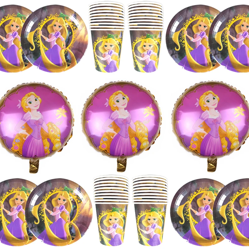 

Tangled Rapunzel Theme Foil Balloons Happy Birthday Events Party Plates Decorations Cups Girls Favors Events Supplies 44pcs/lot