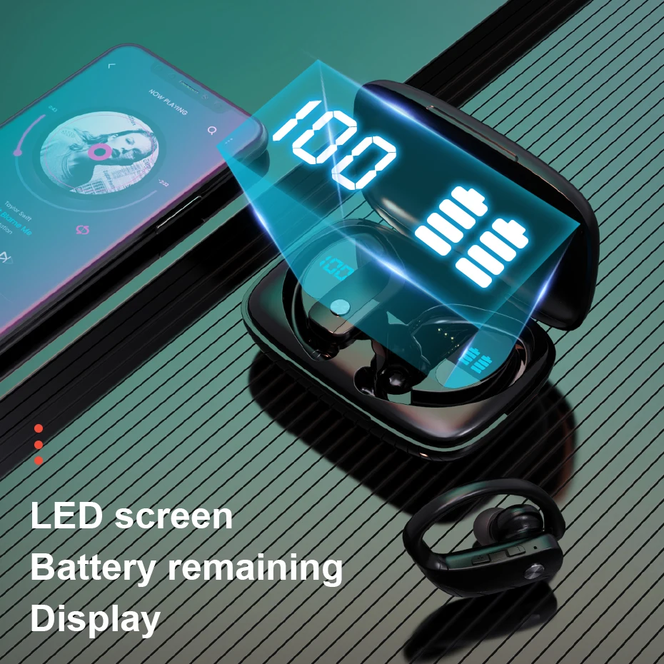 

RYWER Earphones Wireless Bluetooth Headphones With Microphone Sports Waterproof Headset Charging Box For Android IOS LED Display