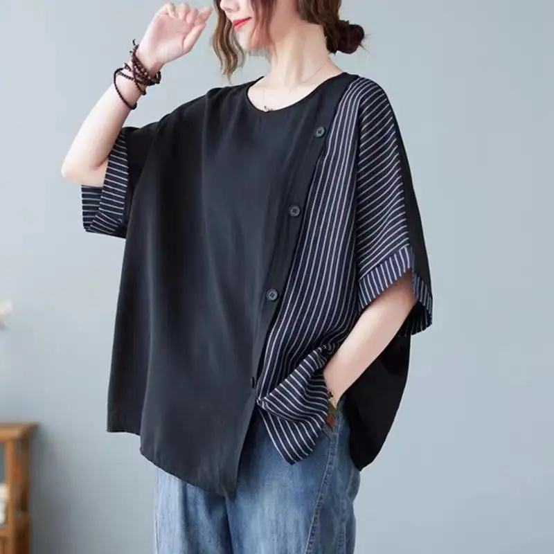 2022 Summer New  Cotton Linen Stripe Splice Large Slim  Short Sleeve T-shirt  vintage  crop top  women t shirt  Casual