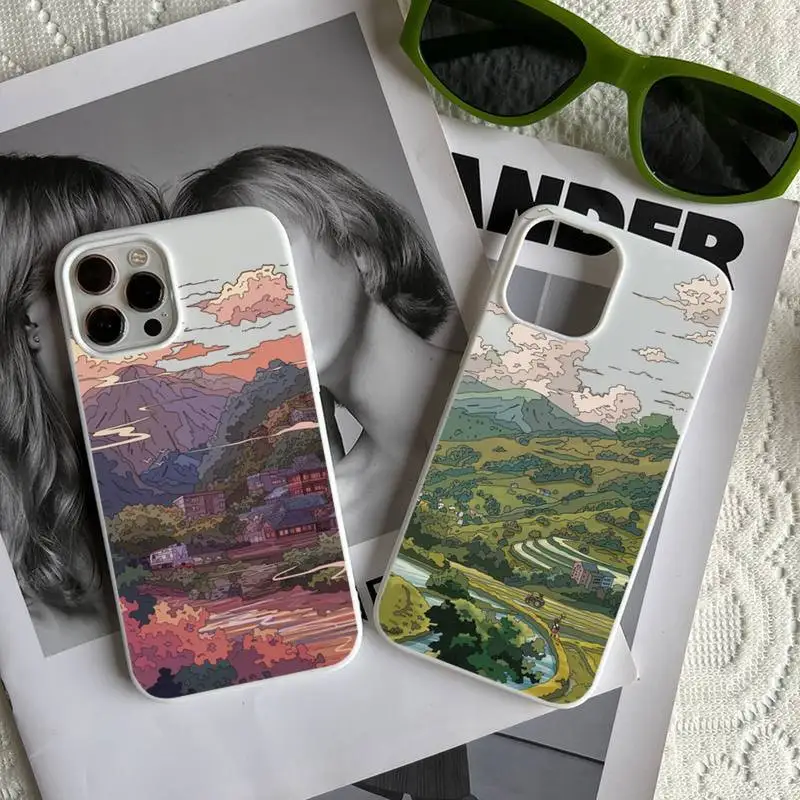 

Anime Hand Painted House scenery Phone Case Candy Color for iPhone 14 11 12 13 mini pro X XS XR MAX Plus
