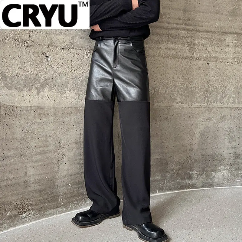 

Мужские брюки в стиле пэчворк CRYU, черные свободные прямые брюки из искусственной кожи контрастных цветов, модель 9A7016 на осень, 2023