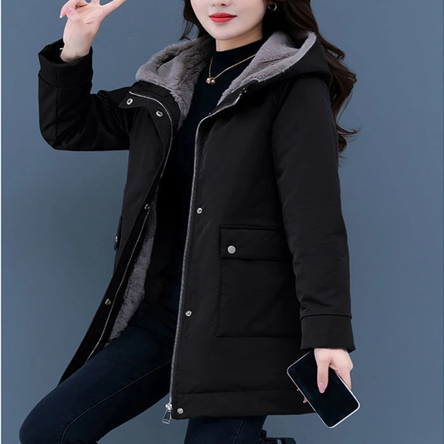 Thicken Fleece Lining Winter Hooded Parkas Mid-length Coat Warm Women Snow Jacket Overcoat Plush Lined Windbreaker Outwear 2022
