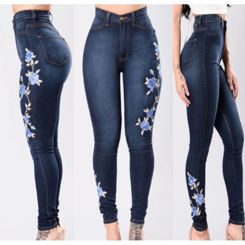 Stretch Embroidered Jeans For Women Elastic Blue Flower Jeans Female Pencil Denim Pants Rose Pattern Pantalon Femme