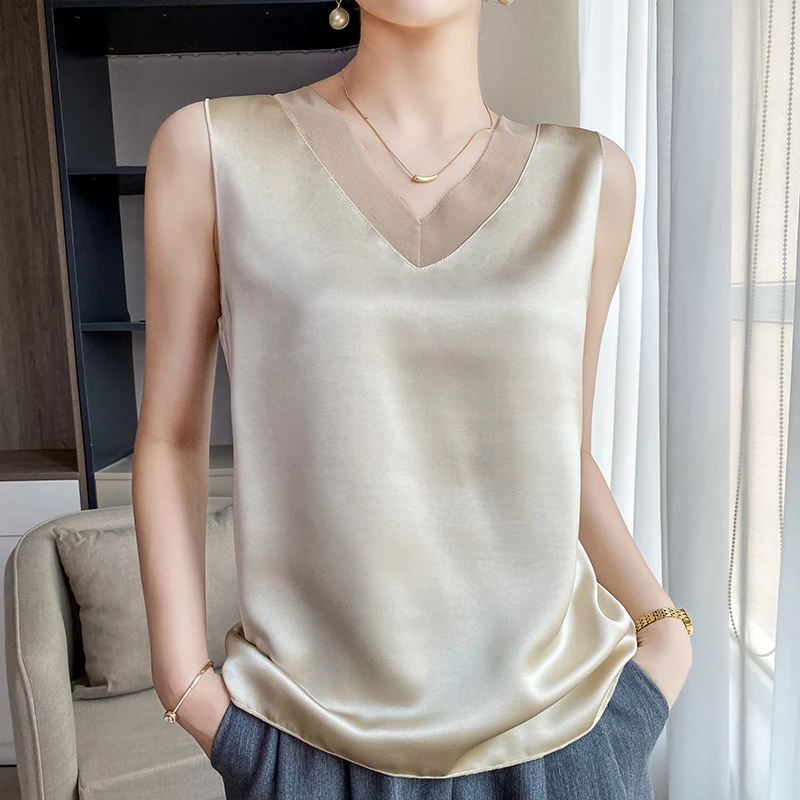 

2023 New Summer Silk Camisole Ladies Satin V-Neck Mulberry Silk Suspenders Thin Sleeveless Top Inside T-Shirt And Bottoming Vest