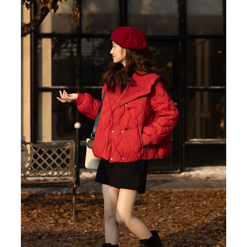 MISHOW Short Down Jacket Women 2022 Winter Fashion Sailor Collar Horn Buckle White Duck Down Coats Thicken Warm Parka MXB46Y0134