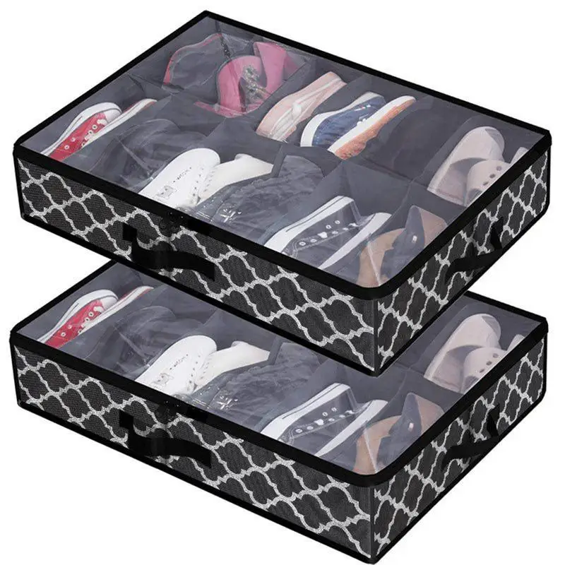 Under Bed Shoe Storage Box Sturdy Organizer With Smooth Zipper & Clear Window Underbed Shoe Closet Storage For 12 Pairs Of Shoes