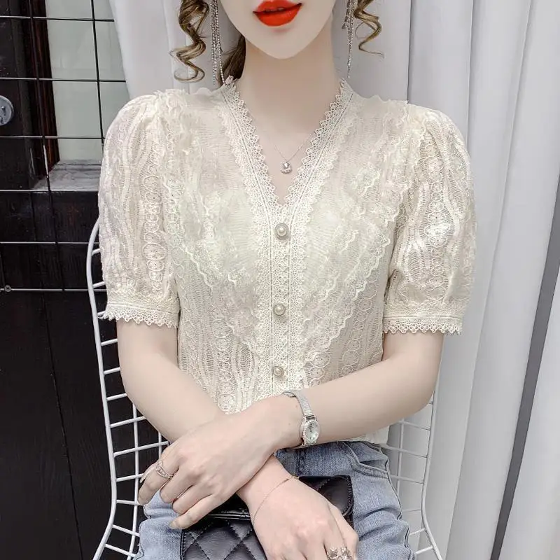 

2022 Women Summer Fashion Short Sleeve Chiffon Shirts Female Lace Solid Color Blouses Ladies Single Breasted Casual Shirts R43