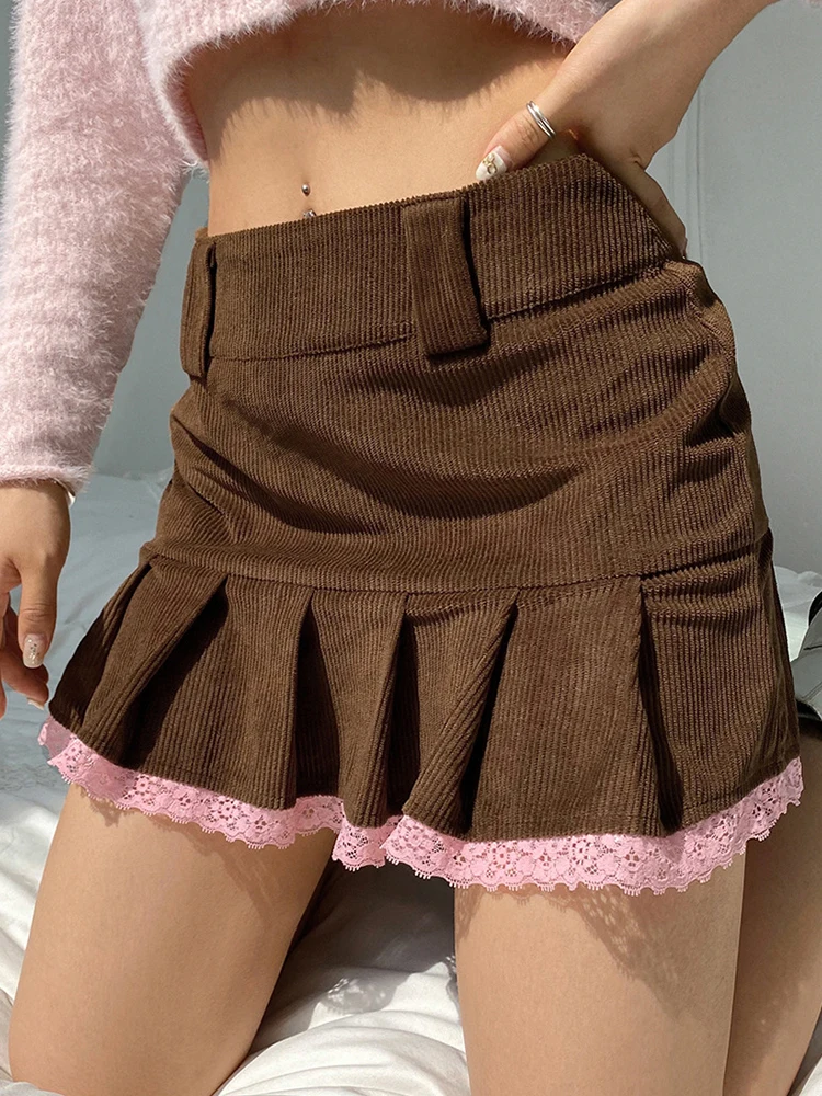 

Brown Corduroy Pleated Skirts Women Vintage 90s Aesthetic School Girl Mini Skirt Lace Trim Hem Cute Kawaii Clothes