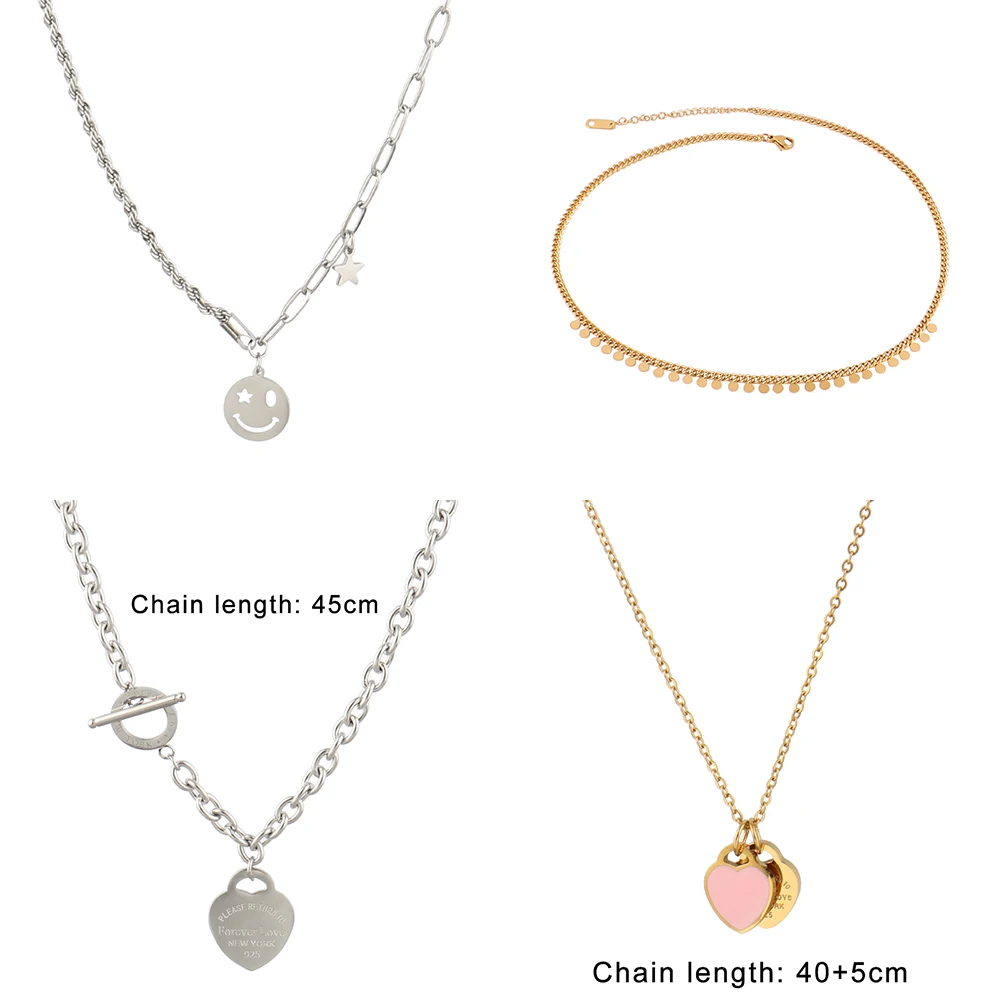 Колье из нержавеющей стали для женщин с золотой цепочкой, подвесками в виде сердца, чокером, украшением в стиле смайлик и поп-подвеской.