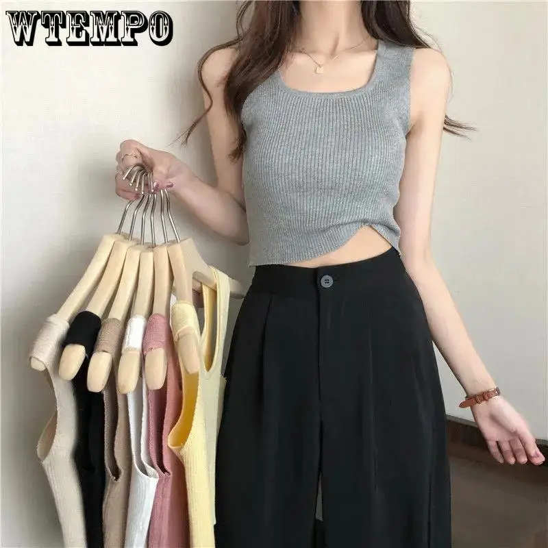 Roman Knitted Cropped Vest Women's Solid Color Casual Top Summer Vest Basic Knitted Bottoming Suspender Korean Fashion Wholesale