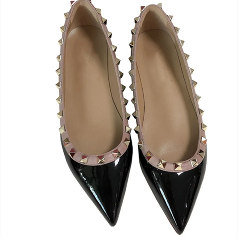 Women British American Styles Fashionable Daily Fashion Show Shoes With Studded Patchwor Patent Leather & Matte Flats Pinted 45