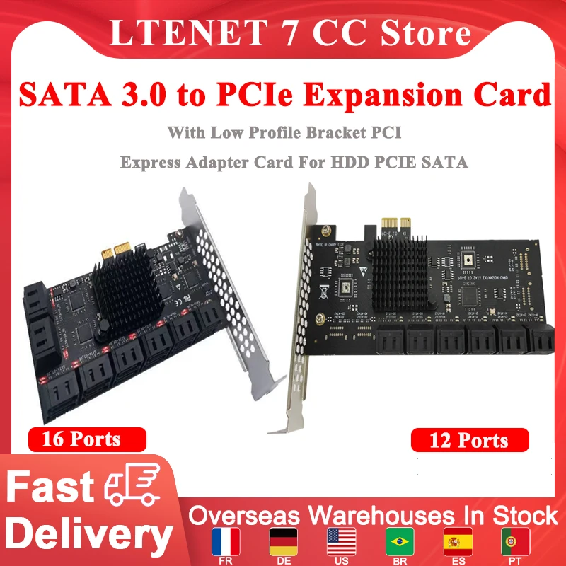 

16/12 Ports SATA 3.0 To PCIe Expansion Card With Low Profile Bracket PCI Express Adapter Card For HDD PCIE SATA