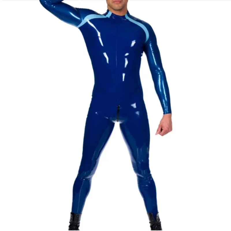 Купи Man Blue Racing Suit Latex Catsuit Socks Rubber Jumpsuit with Back Crotch Zip Cosplay Costume за 7,137 рублей в магазине AliExpress