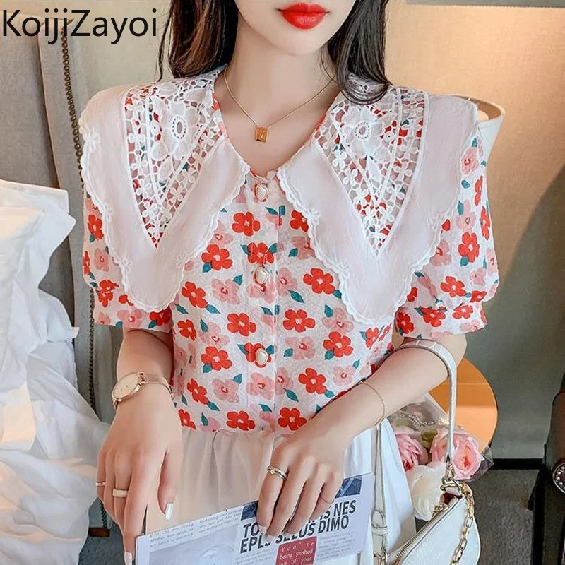 

Koijizayoi Sweet Women Flower Short Sleeves Blouse Summer Peter Pan Collar Shirt 2022 New Outer Wear Tops All Match Slim Blusas