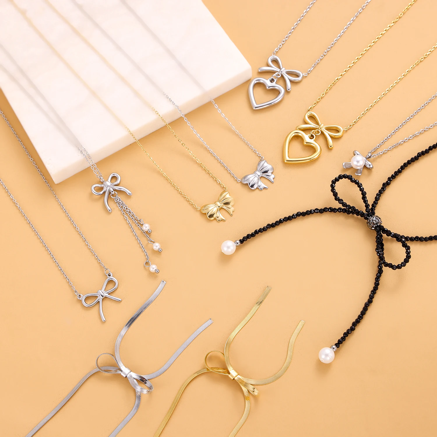 Ожерелье-цепочка из нержавеющей стали с позолоченным бантом-повседневная одежда