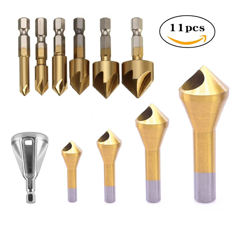 

11pcs Deburring External Chamfer Tool High Speed Steel Drill Bit, 90-degree Bevel Positioning Metal Drilling Tool Drill Bit Set