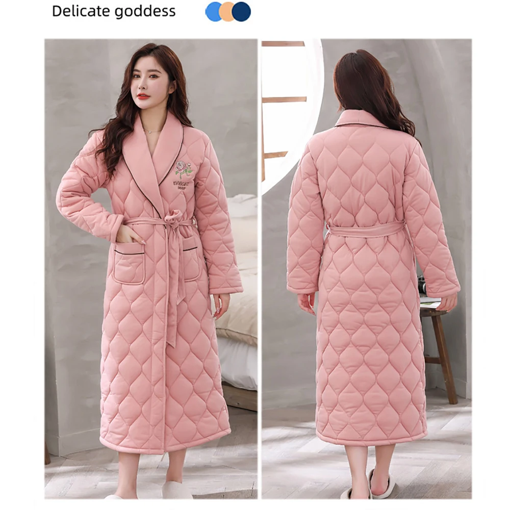 100% Cotton 3-layer Thicken Winter Sleepwear for Sleeping Trendy Plaid Embroidery Long Bathrobe Female Shower Robe Night Clothes