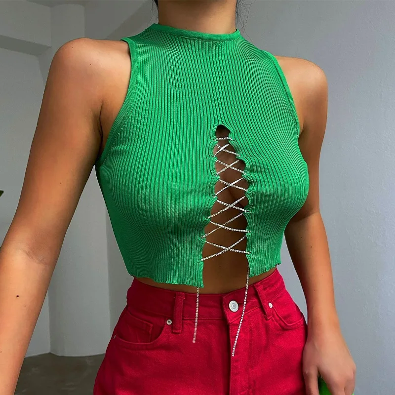 

Summer Tube Tops Hot Women Chain Criss-cross Knitted Cropped Party Clubwear 2022 Sexy Girl Sleeveless Tank Bodycon Solid Vest