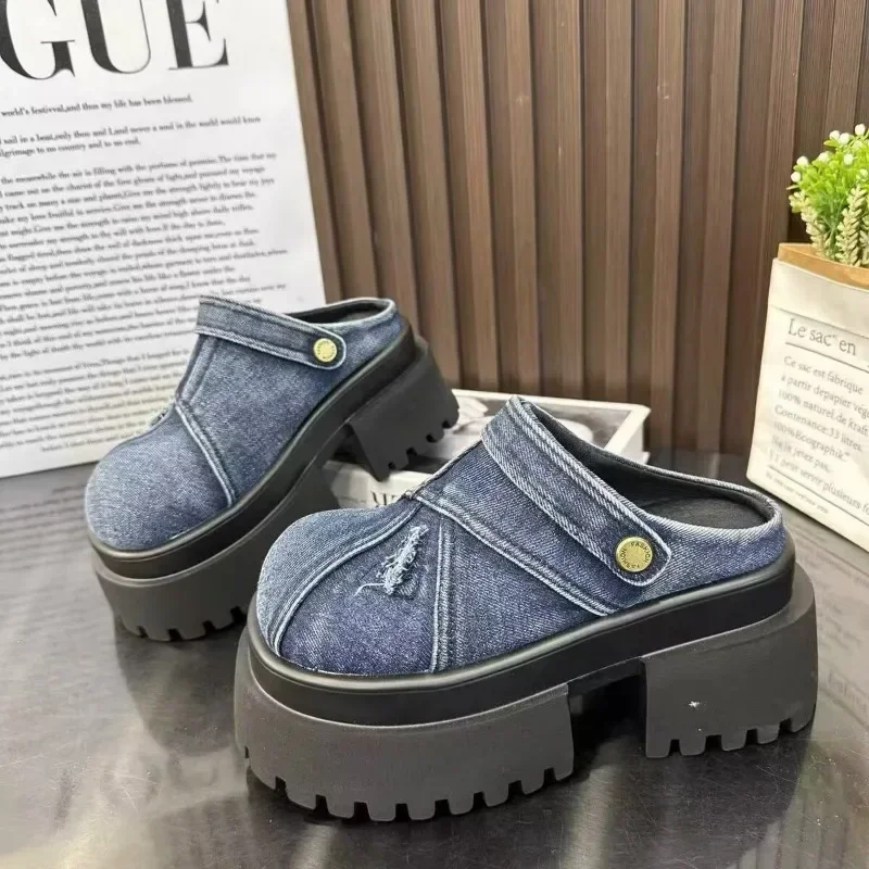 Летние женские тапочки джинсовые сандалии с круглым носком уличная повседневная