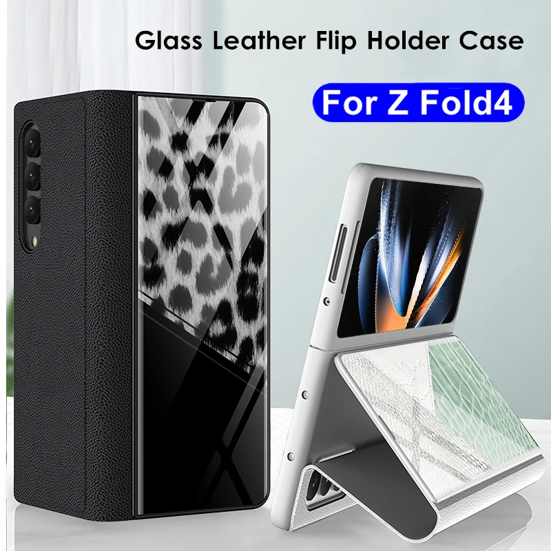 

For Samsung Galaxy Z Fold 4 5G Case Leather Pattern Tempered Glass Flip Holder Cover For Galaxy Z Fold4 Fundas