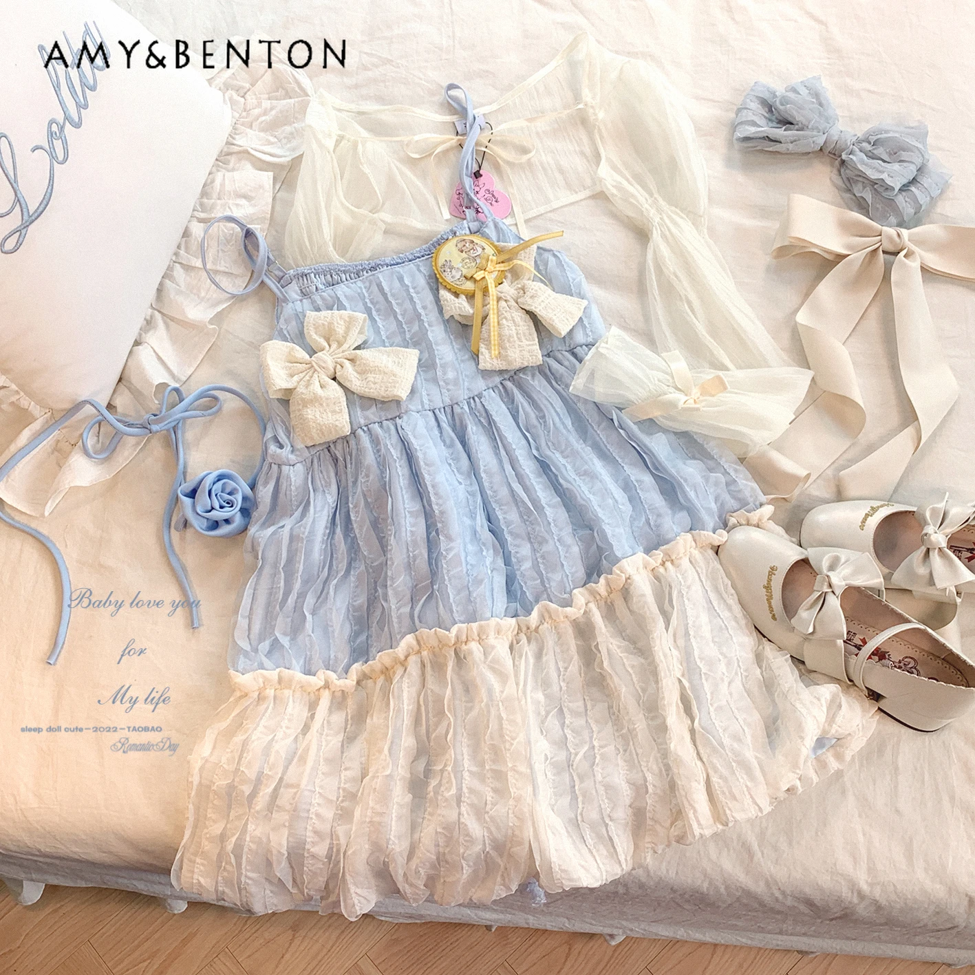 

Lolita Sweet Cute Frill Stitching Bow Soft Girl Suspender Dress for Women Elegant Chiffon Mesh Loose Strap Dress Summer Dresses