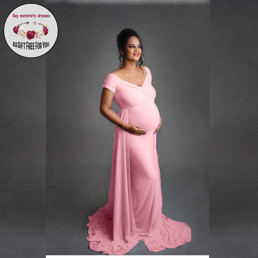 women Cotton  maternity  dress  for   Photography Deep V-neck  Maxi Dress Long Sleeve Off The Shoulder Long maternity dress