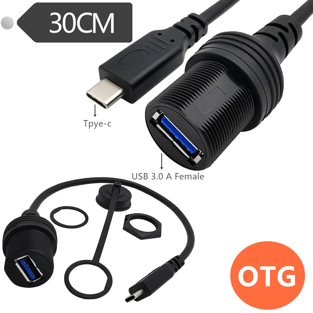 

USB Type C to USB A Female OTG Cable AUX Flush Panel Mount Cable for Car Truck Boat Motorcycle Dashboard 0.3m；