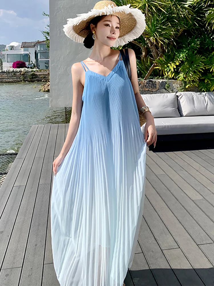 Женское шифоновое платье на бретельках Голубое Длинное Элегантное повседневное