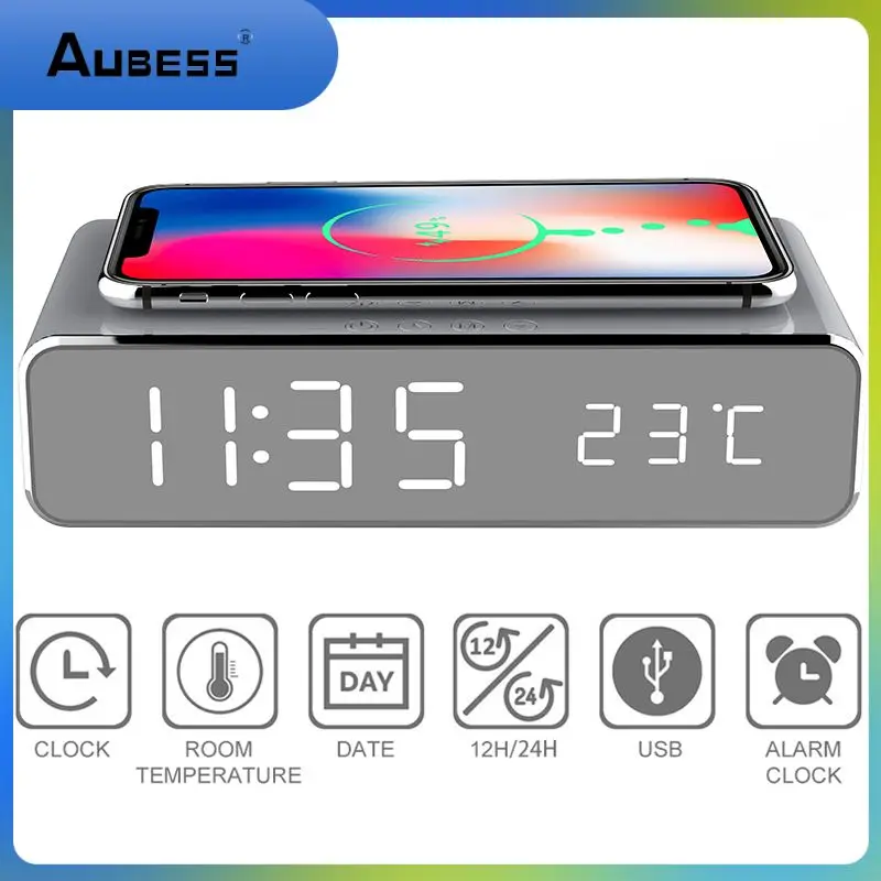 

Led Wireless Charger Table Decor Electric Alarm Clock Hd Mirror Despertador Thermometer Clock Portable Table Clock Desktop