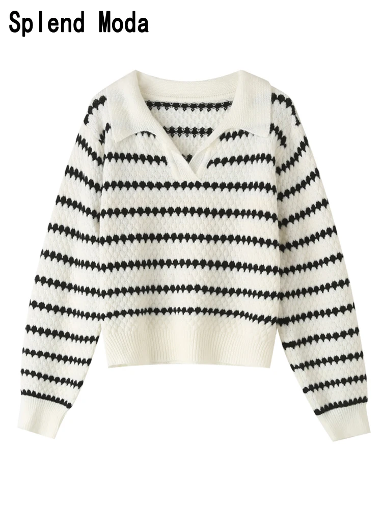 

2023 Women Autumn Vintage Striped Pullover Knitted Sweater Fashion Lapel Collar Long Sleeve Female Casual Outerwear Chic Tops