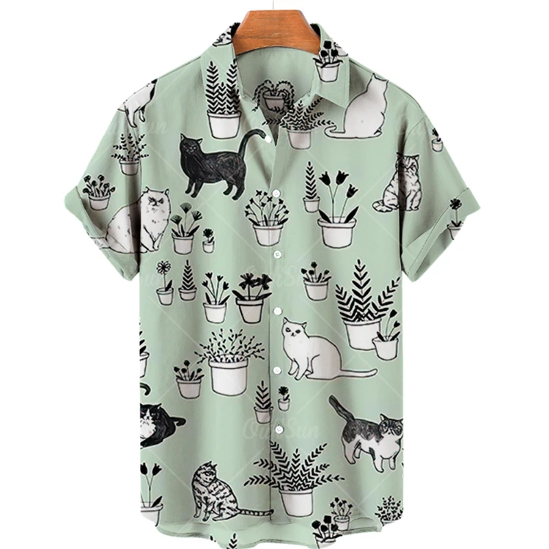 

Summer cute short sleeve men's shirt kitten print Hawaiian style casual loose beach shirt