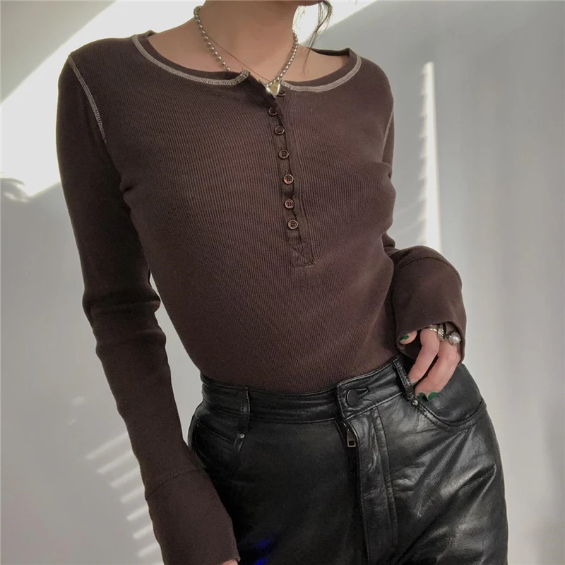 

Ribbed Knitted Button Tshirts O-neck Vintage Chic Fairycore Grunge Slim Knitted Top Aesthetic Retro Dark Academia Tees