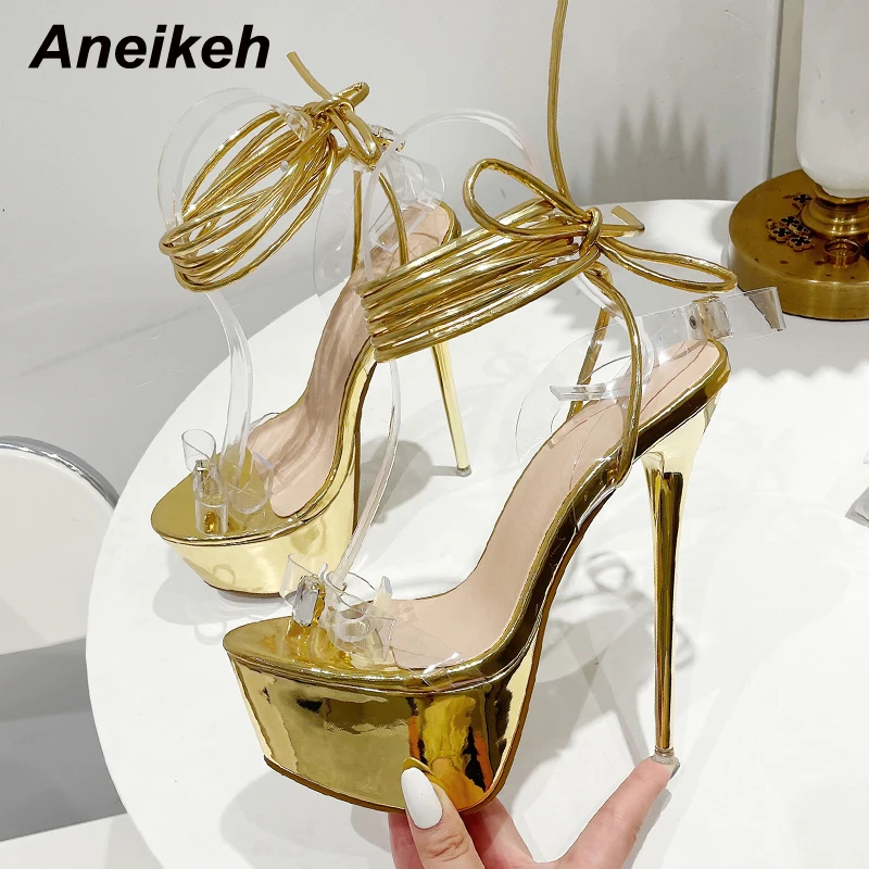 

Сандалии Aneikeh женские на тонкой платформе, ПВХ, с узким ремешком, с бантом-бабочкой вечерние модные туфли в римском стиле на тонком каблуке, о...