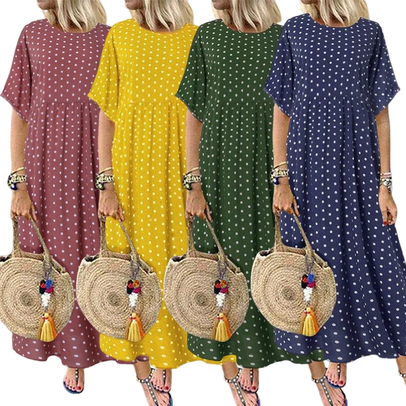

Chic Polka Dot Maxi Dress for Women - Short Sleeve Loose Casual Sundress Perfect for Beach and Vacation
