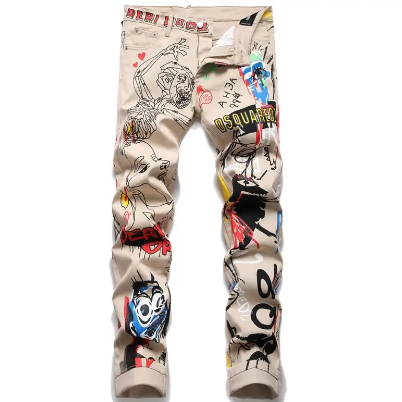 Graffiti Fashion Skinny Jeans Men 2022 New Hip Hop Streetwear Harajuku Denim Pants for Man Luxury Designer Jean Trousers w302