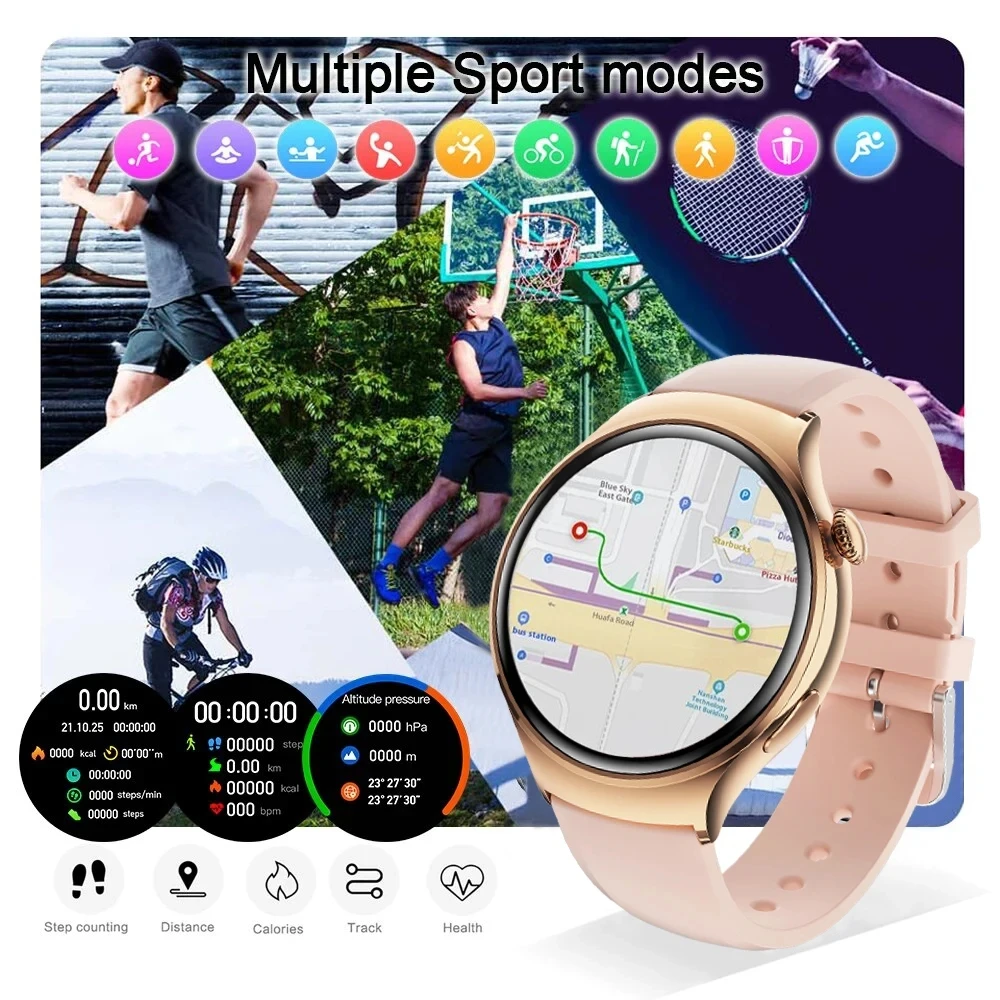 Фото Для HUAWEI IOS женские часы 4, мини-смарт-часы AMOLED NFC, часы с пульсометром, BT Call, GPS, женские умные часы для женщин, розовый, индивидуальный циферблат №4