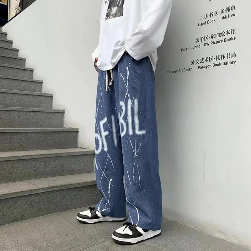New Streetwear Harajuku Black Pants Men Oversized Corduroy Wide Leg Pants Korean Style High Waist Hip-Hop Y2k Harajuku Trousers