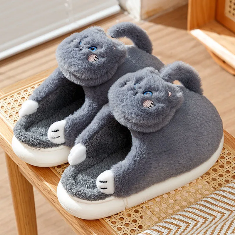 Симпатичные женские тапочки с кошкой зимние домашние для пола в помещении обувь