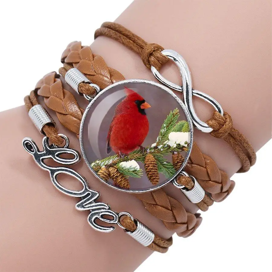 Многослойный кожаный браслет с изображением кардинала и птицы |