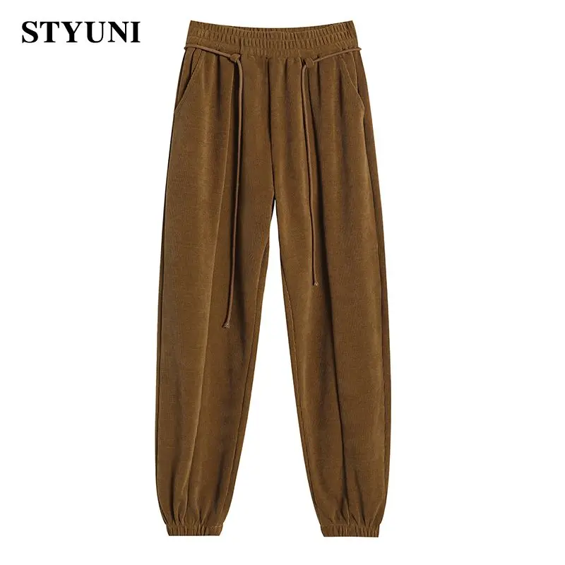 

Mustard Yellow Chenille Elastic High Waist Lace Up Women's Pants Korean Fashion Sweatpants Ankle-Length Harem Pants For Women