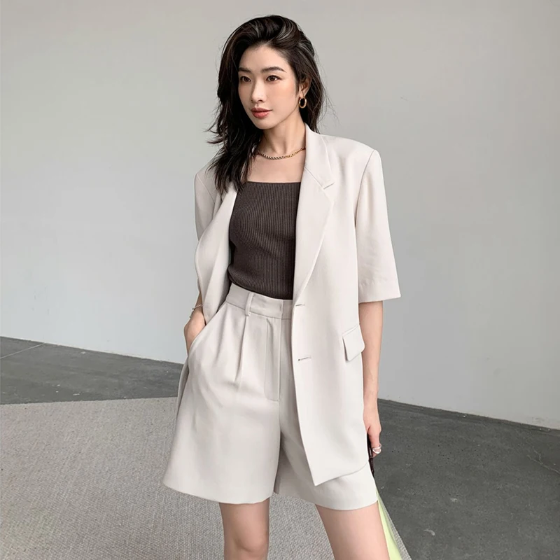 2023 Summer New Formal Two Piece Suits Women Korean Fashion Loose Short Sleeve Blazers High Waist Shorts Sets Office Ladies