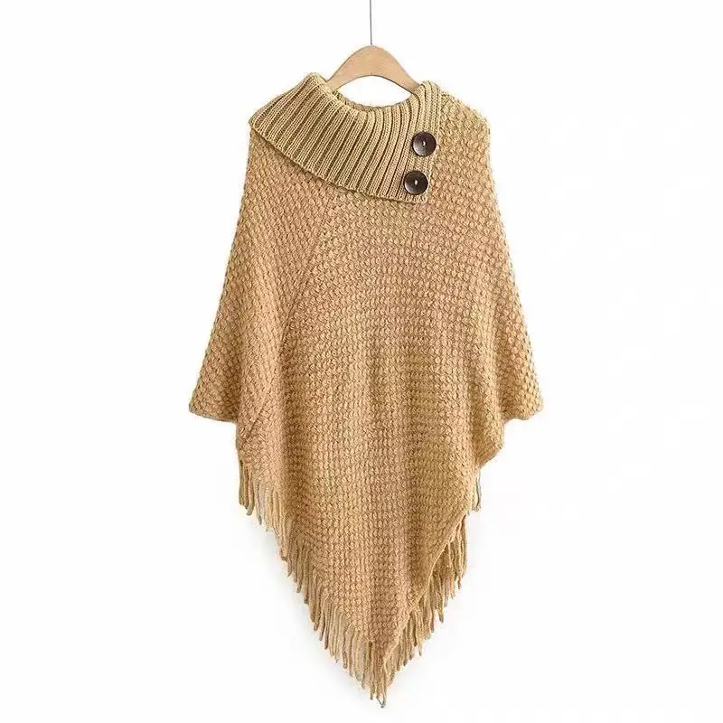 

Autumn Winter New Irregular Tassel Cape Women's Sweater Pullover Sweater Warm Poncho Lady Capes Khaki Cloaks